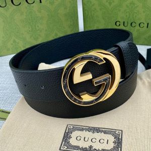 Gucci Belt with Logo and Interlocking G Buckle Grained Calfskin Black/Gold