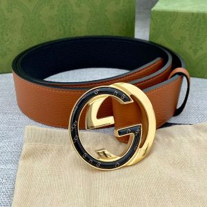 Gucci Belt with Logo and Interlocking G Buckle Grained Calfskin Brown/Gold