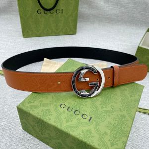 Gucci Belt with Logo and Interlocking G Buckle Grained Calfskin Brown/Silver