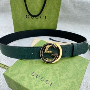 Gucci Belt with Logo and Interlocking G Buckle Grained Calfskin Green/Gold