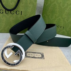 Gucci Belt with Logo and Interlocking G Buckle Grained Calfskin Green/Silver