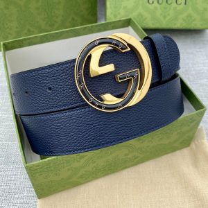 Gucci Belt with Logo and Interlocking G Buckle Grained Calfskin Navy Blue/Gold