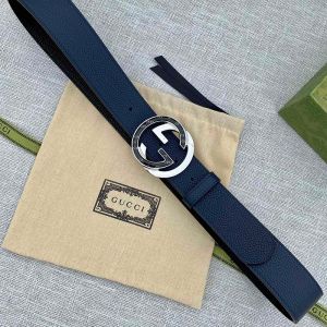 Gucci Belt with Logo and Interlocking G Buckle Grained Calfskin Navy Blue/Silver