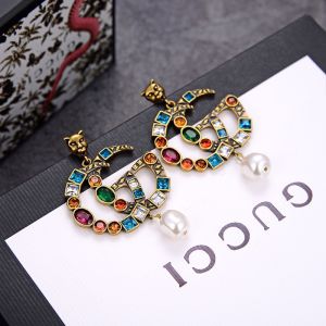 Gucci Cat Head GG Multicolor Crystals Pearl Earrings In Gold