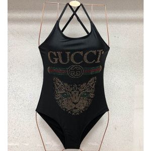 Gucci Crisscross Swimsuit with Crystal Gucci Interlocking G Web Stripe Cat Women Lycra Black