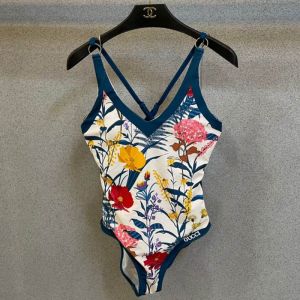Gucci Crisscross Swimsuit with Floral Logo Women Lycra Navy Blue