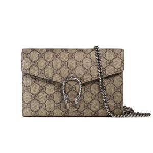 Gucci Large Dionysus Chain Wallet In GG Supreme Suede Beige/Khaki