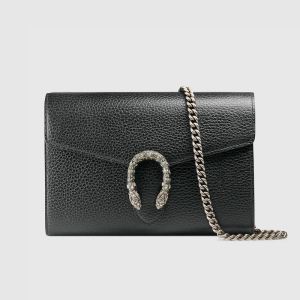 Gucci Large Dionysus Chain Wallet In Textured Leather Black