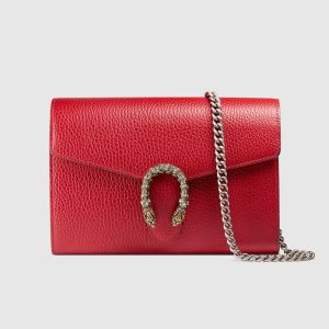 Gucci Large Dionysus Chain Wallet In Textured Leather Red
