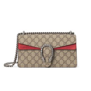 Gucci Small Dionysus Crossbody Bag In GG Supreme Suede Beige/Red