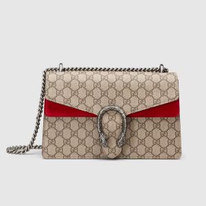 Gucci Small Dionysus Shoulder Bag In GG Supreme GG Supreme Suede Beige/Red