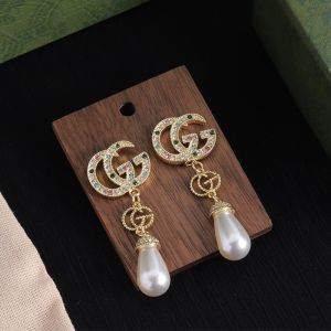 Gucci Double G Crystals Pearl Pendant Earrings In Gold