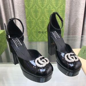 Gucci Double G Crystals Platform Pumps Women Patent Leather Black