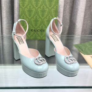 Gucci Double G Crystals Platform Pumps Women Patent Leather Blue