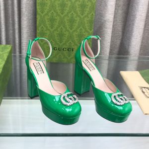 Gucci Double G Crystals Platform Pumps Women Patent Leather Green