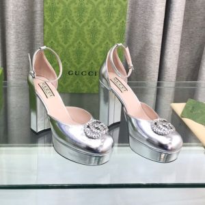Gucci Double G Crystals Platform Pumps Women Patent Leather Silver