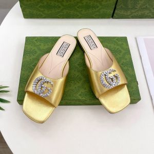 Gucci Double G Crystals Slides Women Leather Gold