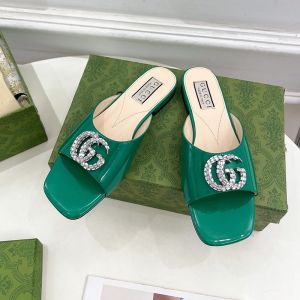 Gucci Double G Crystals Slides Women Leather Green