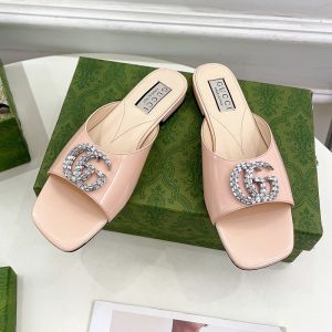 Gucci Double G Crystals Slides Women Leather Pink