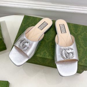 Gucci Double G Crystals Slides Women Leather Silver