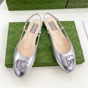 Gucci Double G Crystals Slingback Ballet Flats Women Leather Silver