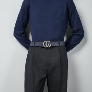 Gucci GG Marmont Reversible Belt with GG Supreme Canvas Navy Blue/Silver