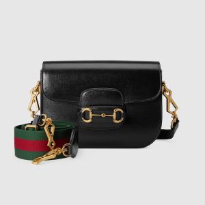 Gucci Mini Horsebit 1955 Shoulder Bag with Web Strap In Leather Black