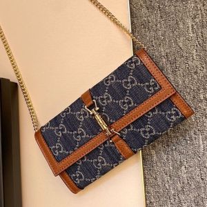 Gucci Large Jackie 1961 Chain Wallet In GG Supreme Denim Blue/Brown