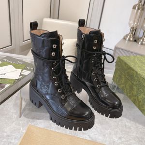 Gucci Lace-Up Boots Women GG Matelasse Leather Black