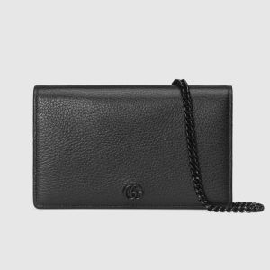 Gucci Large Marmont Chain Wallet In Textured Leather Black
