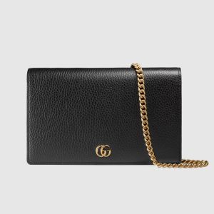Gucci Large Marmont Chain Wallet In Textured Leather Black