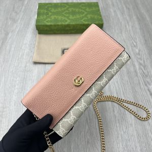 Gucci Large Marmont Continental Chain Wallet In GG Supreme Canvas and Textured Leather Apricot/Pink