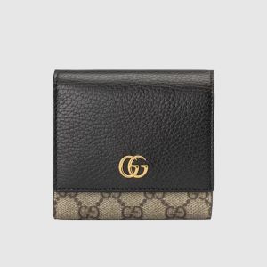 Gucci Medium Marmont Flap Wallet In Textured Leather and GG Supreme Canvas Black/Beige