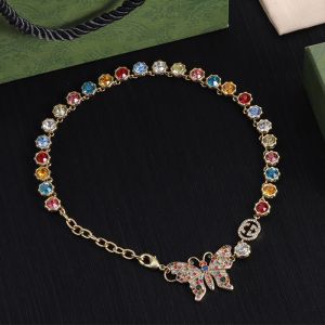 Gucci Multicolor Crystals Butterfly Necklace In Gold