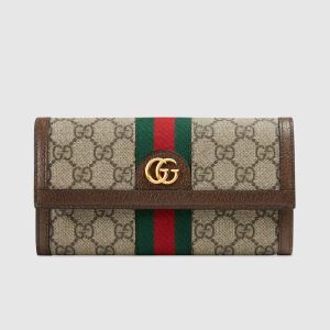 Gucci Large Ophidia Stripe Continental Wallet In GG Supreme Canvas Beige/Brown