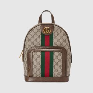 Gucci Small Ophidia Stripe Backpack In GG Supreme Canvas Beige/Brown