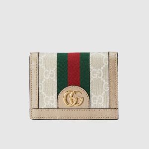 Gucci Small Ophidia Stripe Compact Wallet In GG Supreme Canvas Apricot