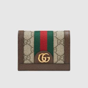 Gucci Small Ophidia Stripe Compact Wallet In GG Supreme Canvas Beige/Brown