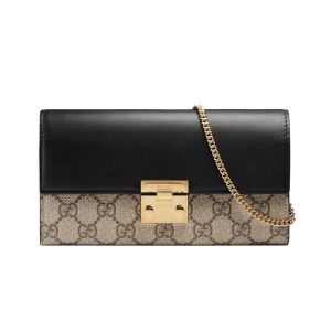 Gucci Large Padlock Continental Chain Wallet In Leather and GG Supreme Canvas Beige/Black