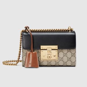 Gucci Small Padlock Flap Bag In Leather and GG Supreme Canvas Beige/Black
