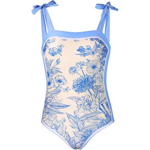 Gucci Reversible Tie Shoulder Swimsuit with Floral Women Lycra Beige/Blue