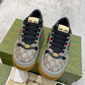 Gucci Screener Platform Sneakers Unisex GG Supreme Canvas With Leather Beige
