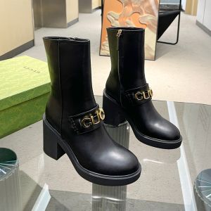 Gucci Scripts Logo Mid-Heel Boots Women Leather Black