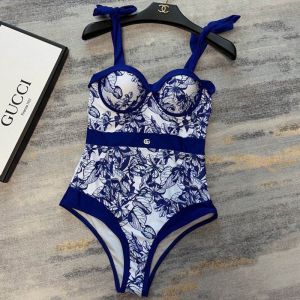 Gucci Tie Shoulder Swimsuit with Floral GG Plaque Women Lycra Navy Blue/White