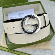 Gucci Belt with Logo and Interlocking G Buckle Grained Calfskin White/Silver