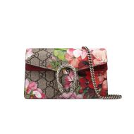 Gucci Super Mini Dionysus Crossbody Bag In GG Blooms Suede Beige/Burgundy