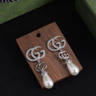 Gucci Double G Crystals Pearl Pendant Earrings In Silver
