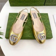 Gucci Double G Crystals Slingback Ballet Flats Women Leather Gold