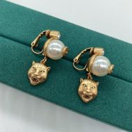 Gucci Double G Pearl Tiger Head Dangle Earrings In Gold