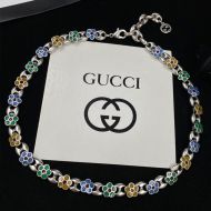 Gucci Enamel Flower Necklace In Silver